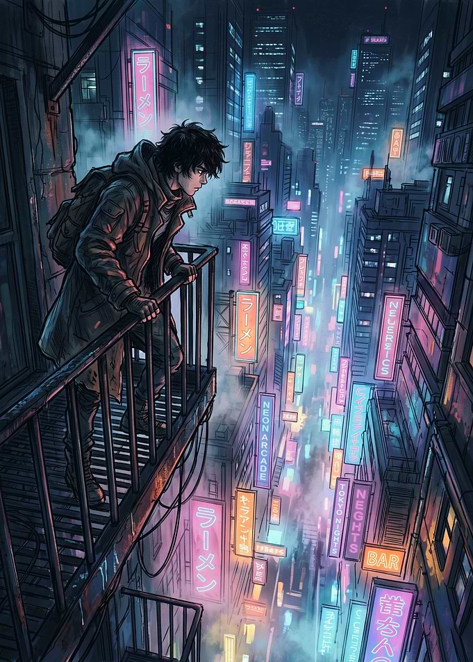 Cyberpunk Cityscape with Lone Observer
