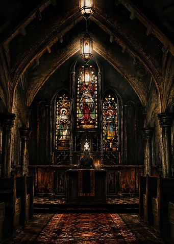 Person Praying in Dark Gothic Church Silent Hill 2