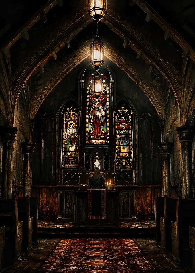Person Praying in Dark Gothic Church Silent Hill 2