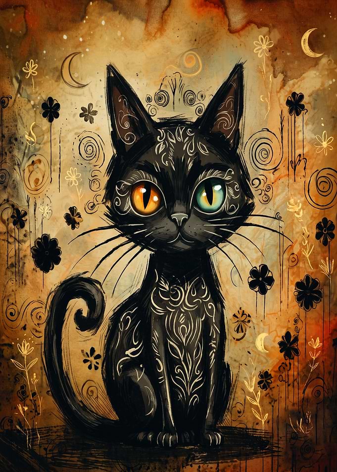 Ornate Decorative Black Cat Painting