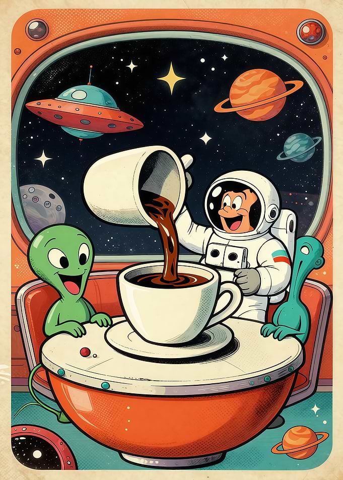 Astronaut and Aliens Having Coffee