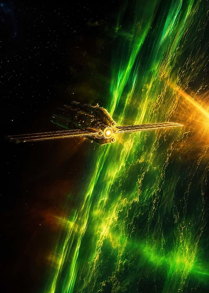 Satellite Orbiting a Green Nebula