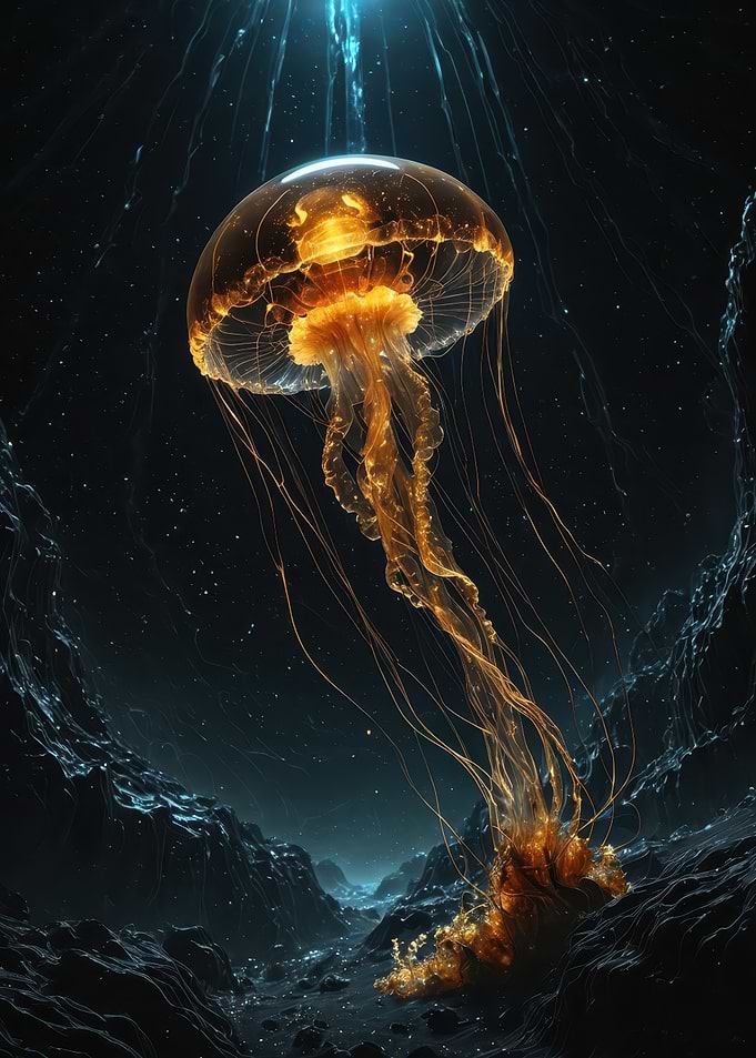 Golden Bioluminescent Jellyfish — Luminous Deep Sea Digital Art