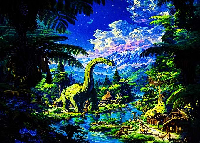 Dinosaur in a Lush Prehistoric Village