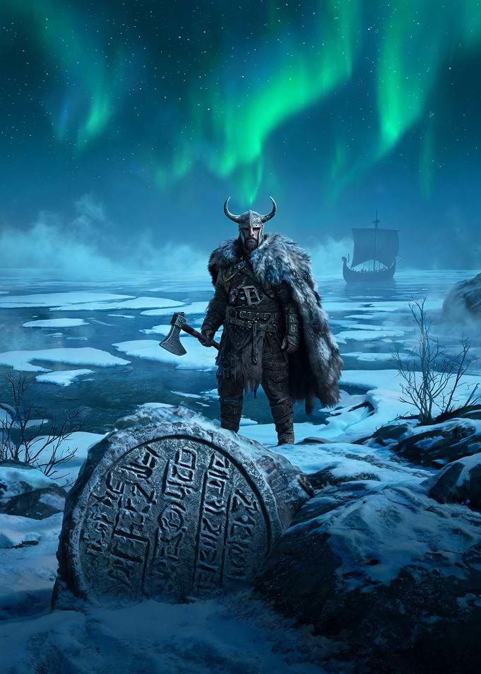 Viking Warrior Under Northern Lights