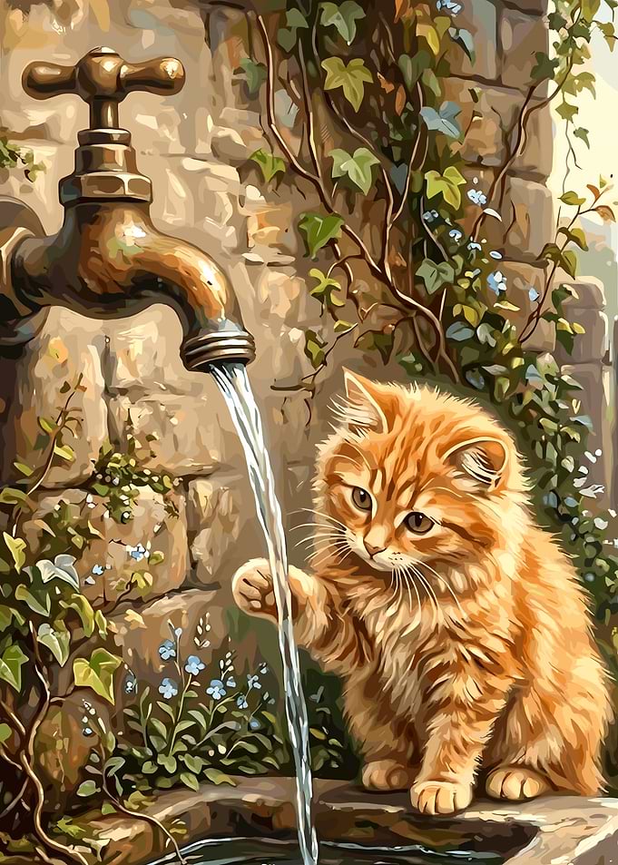Ginger Kitten Playing with Water Tap