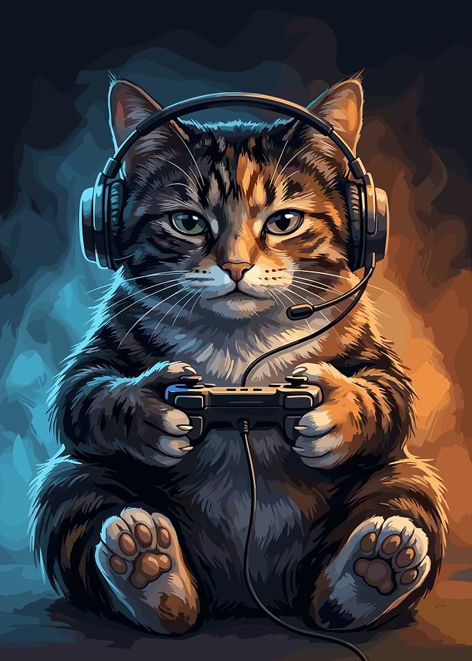Gamer Cat with Headset and Controller