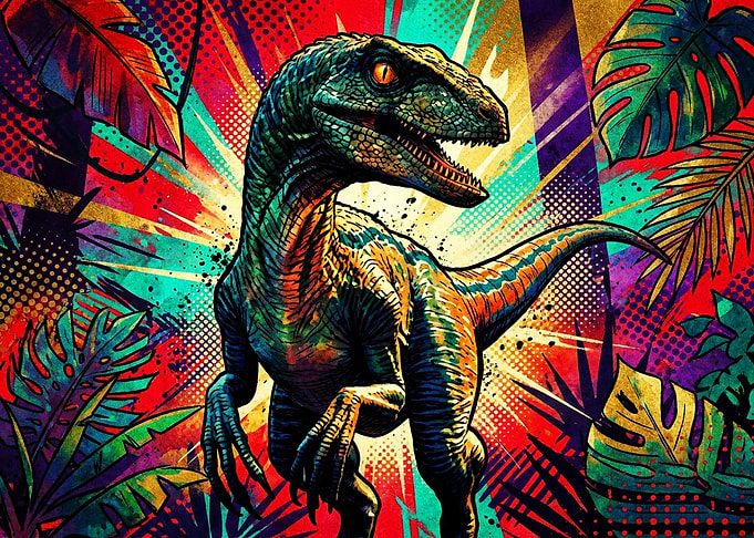 Vibrant Pop Art Velociraptor Illustration