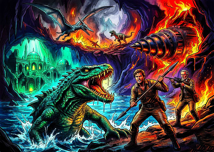 Explorers Encountering Prehistoric Creatures Underground