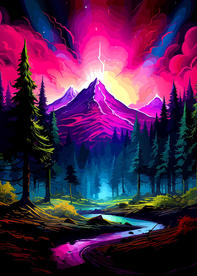 Vibrant Neon Mountain Forest Landscape