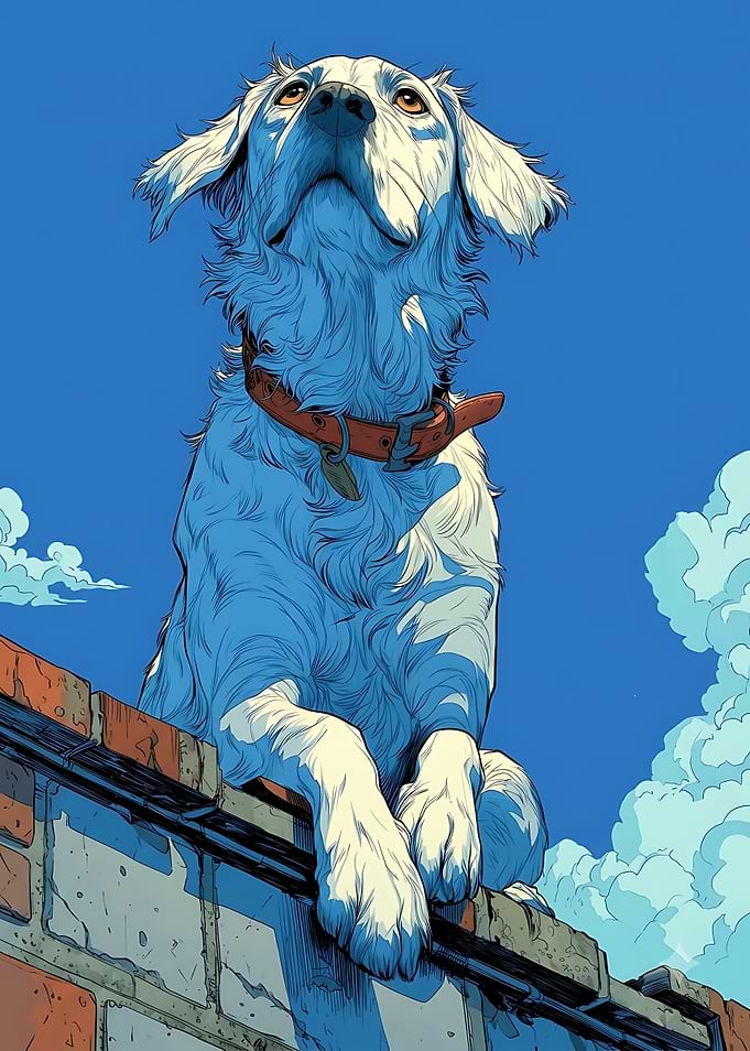Dog Looking Up from Brick Wall