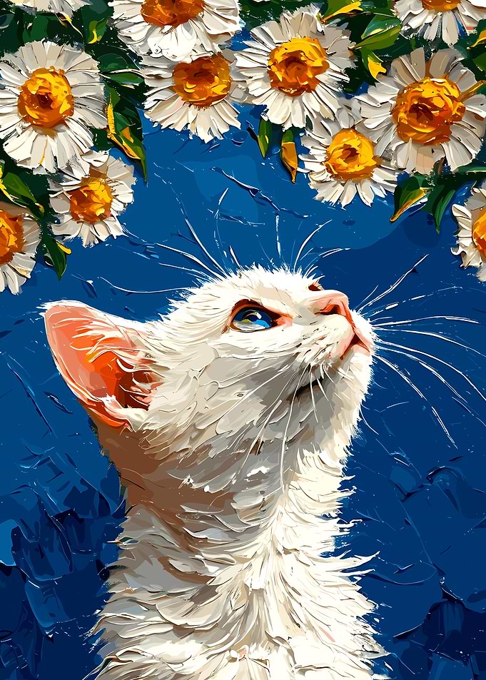 White Cat Looking at Daisies