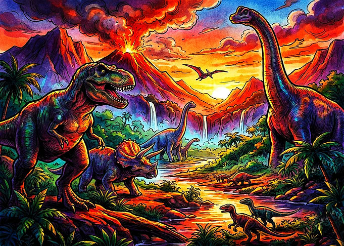 Vibrant Prehistoric Dinosaur Landscape Scene