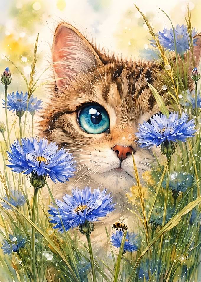 Cute Tabby Kitten in Blue Flowers