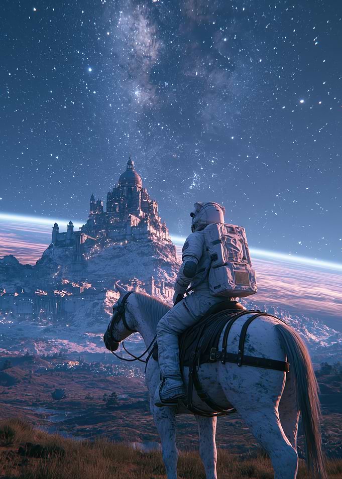 Astronaut Riding Horse Toward Alien Castle