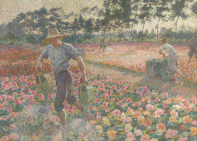 Gardeners Watering Flowers in Sunlight