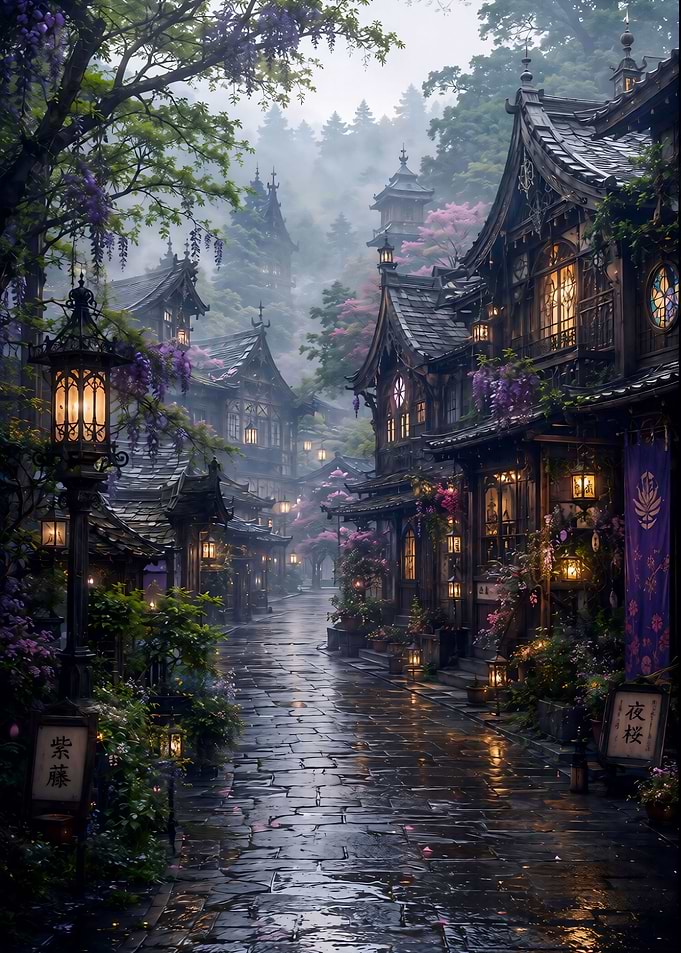 Gothic Japanese Village at Twilight