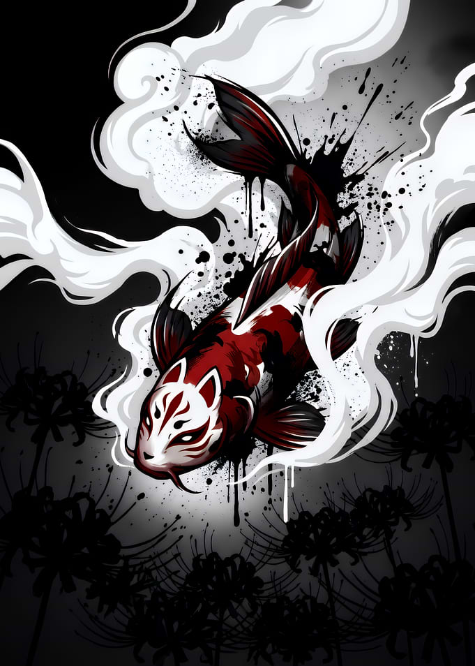 Kitsune Mask Koi Fish Illustration
