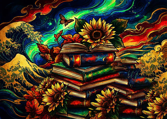 Stained Glass Sunflower and Book Stack