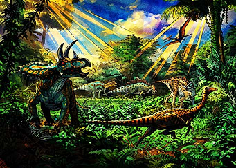 Vibrant Prehistoric Dinosaur Jungle Scene