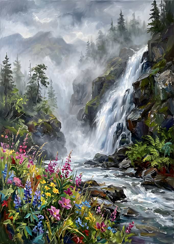 Misty Waterfall and Wildflower Meadow