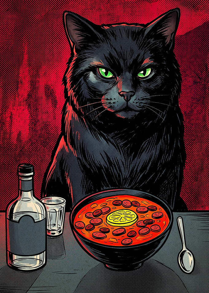 Black Cat Eating Soup Illustration