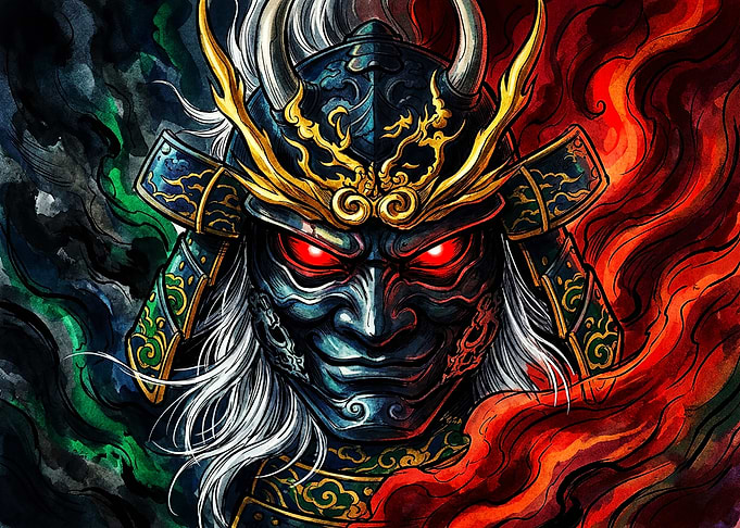 Menacing Samurai Warrior Mask Illustration