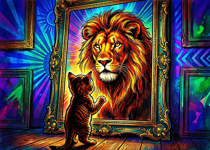 Kitten Sees Lion Reflection
