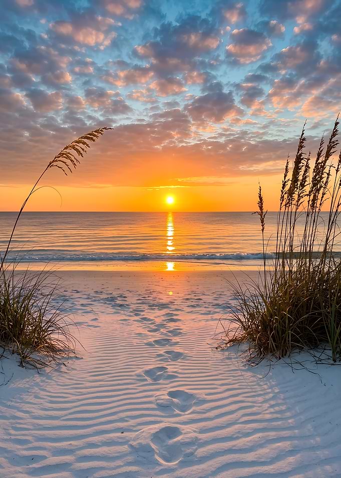 Footprints on a Tropical Sea Beach by Sunset