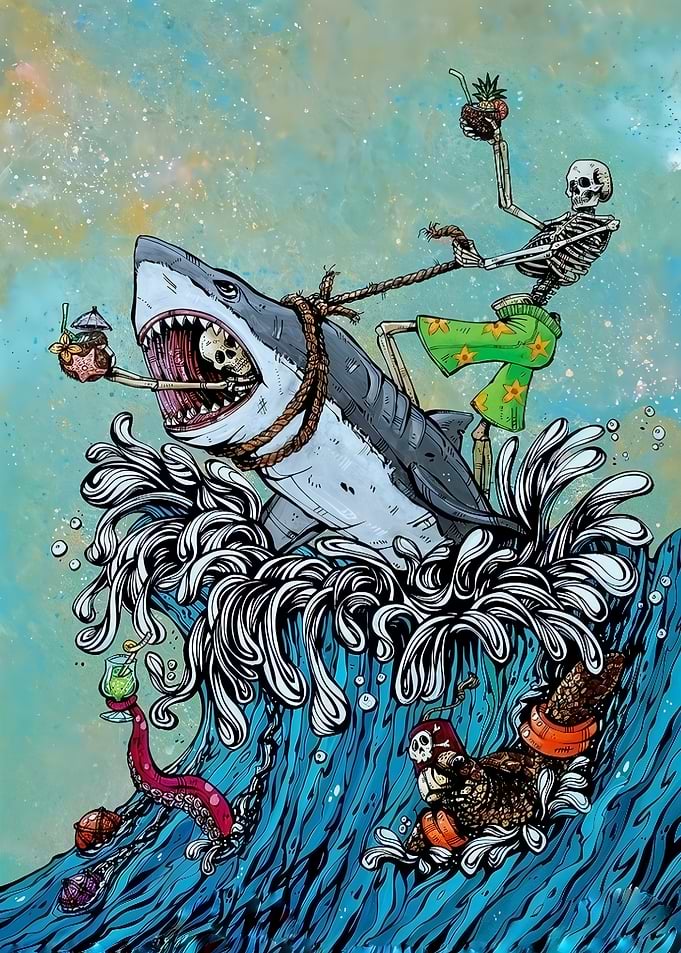 Skeleton Surfing on a Great White Shark