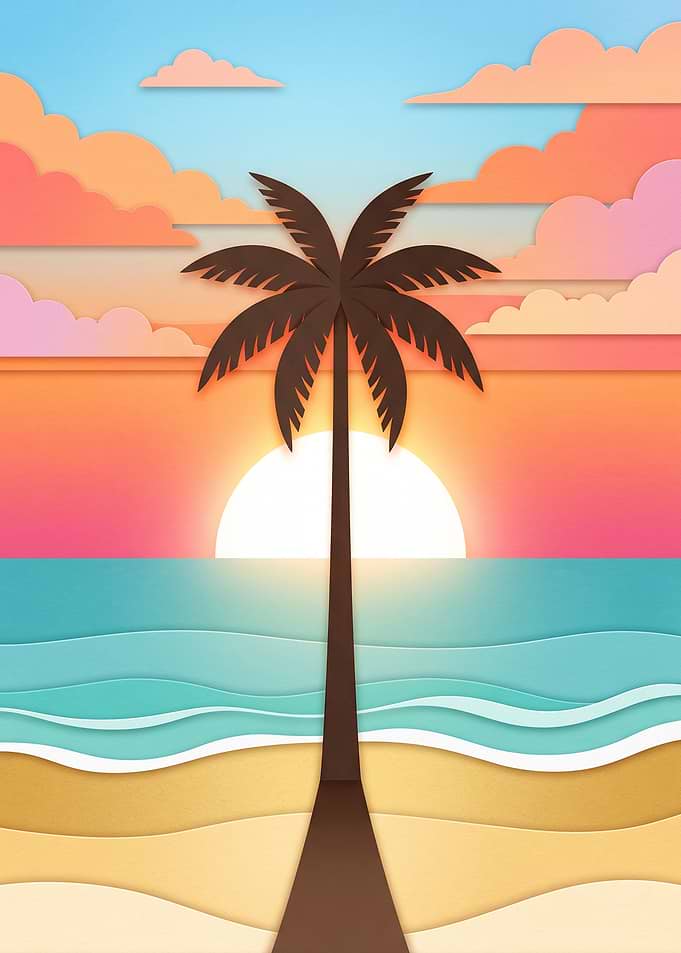 Paper Cutout Tropical Sunset Beach