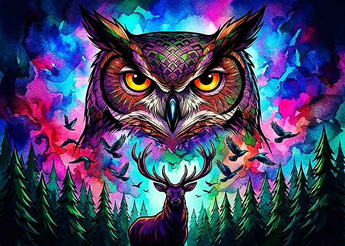 Vibrant Owl and Deer Forest Scene