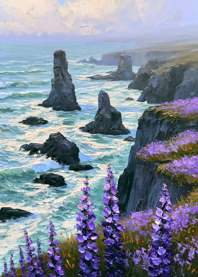 Coastal Cliffs with Purple Lupine Flowers
