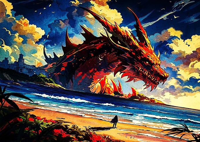 Giant Dragon Rising Above Tropical Beach