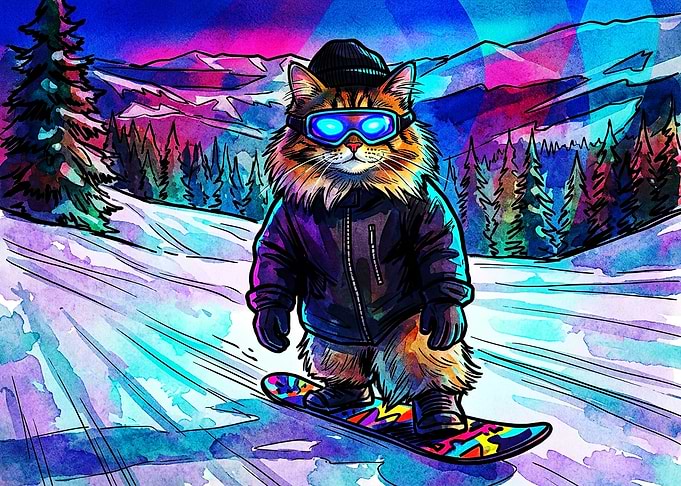 Cool Cat Snowboarding in Neon Colors