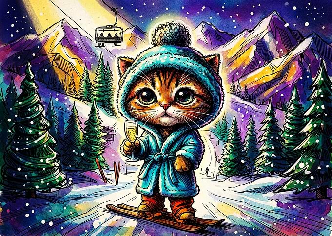 Cute Cat Skiing with Champagne