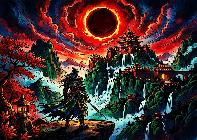 Samurai Facing a Crimson Eclipse