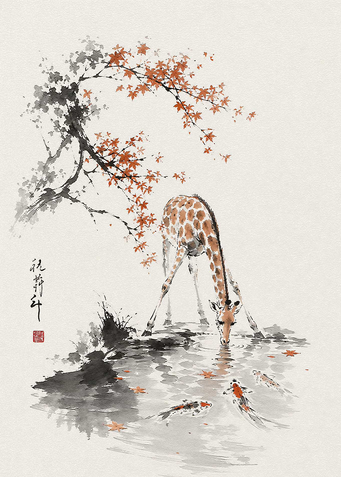 Giraffe Drinking from Koi Pond