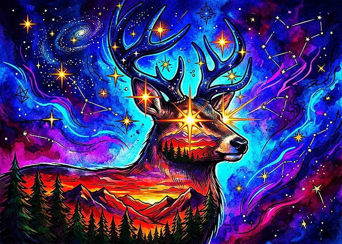 Cosmic Deer with Mountain Landscape Silhouette