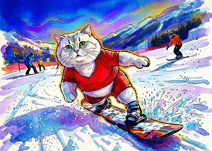Snowboarding Cat on Snowy Mountain