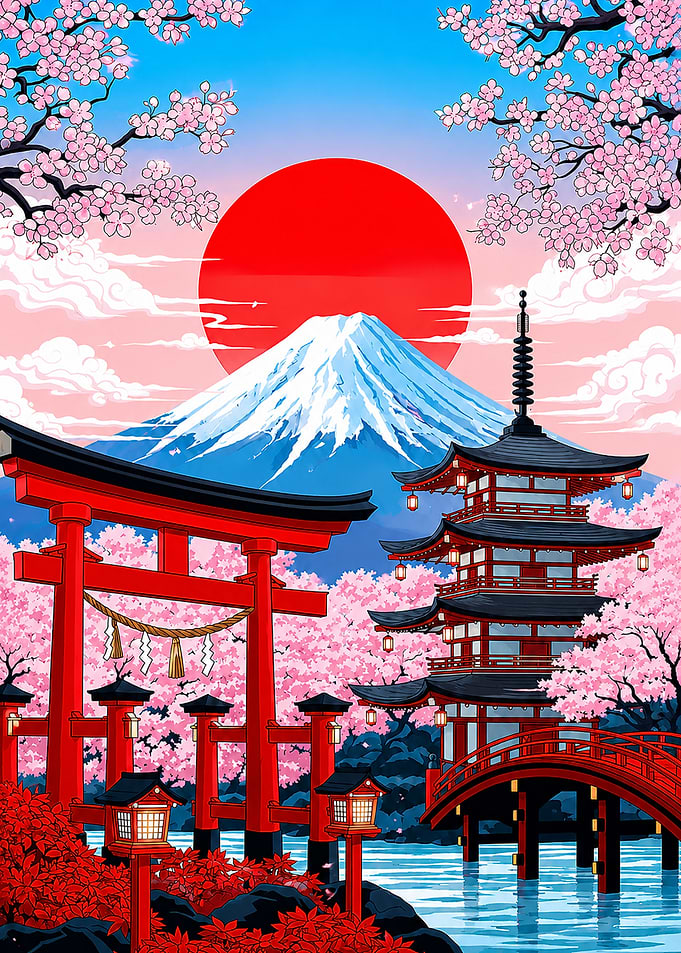 Mount Fuji and Japanese Pagoda Landscape