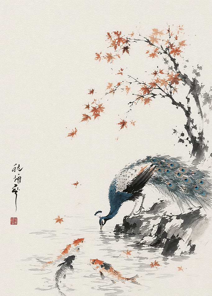 Peacock and Koi Fish Ink Painting
