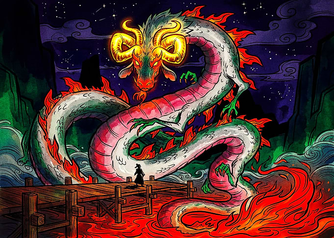 Lone Traveler Facing Mythical Dragon
