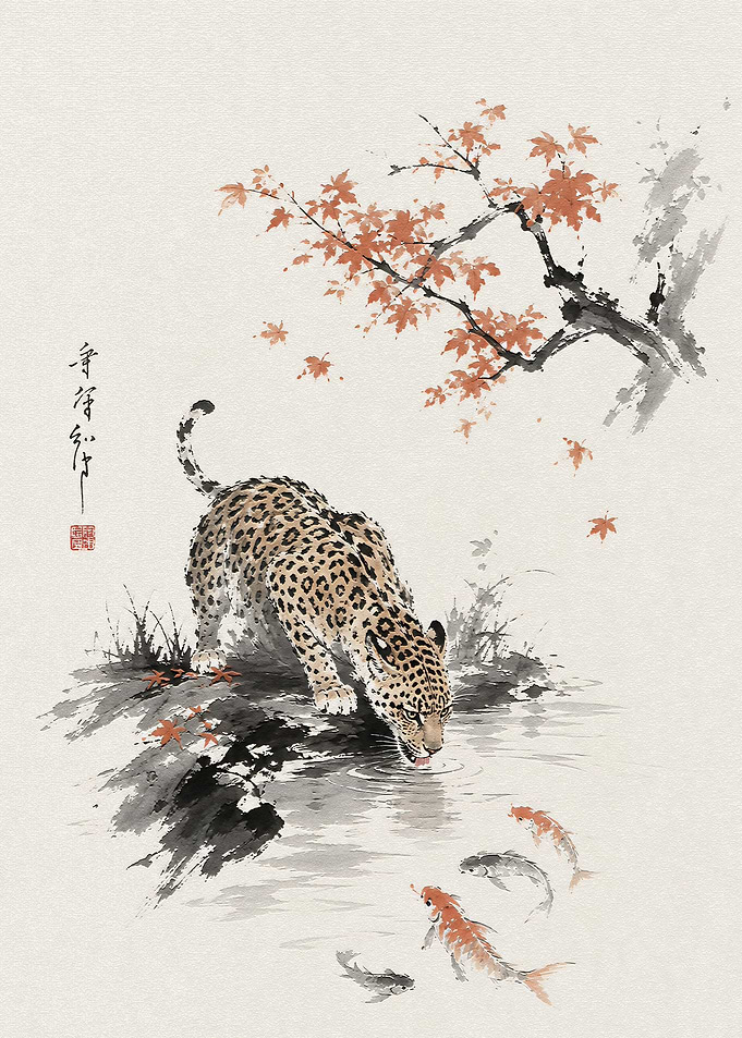 Leopard Drinking by Koi Pond