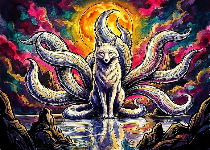 Nine-Tailed Fox Under Full Moon