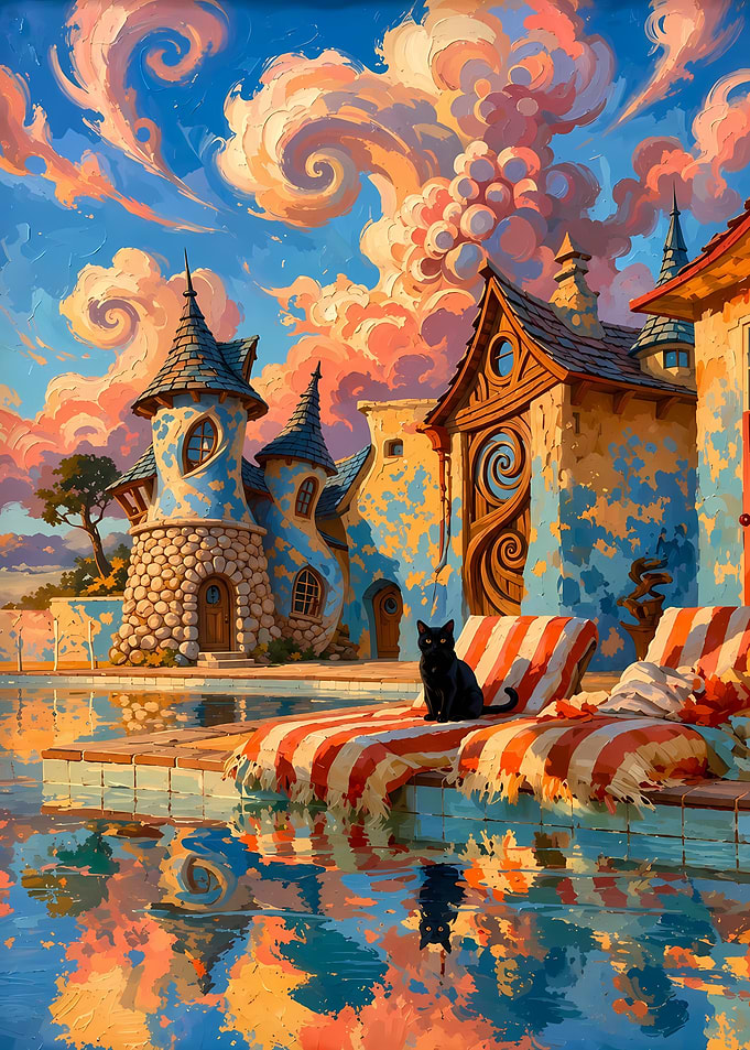 Whimsical Castle Poolside Black Cat
