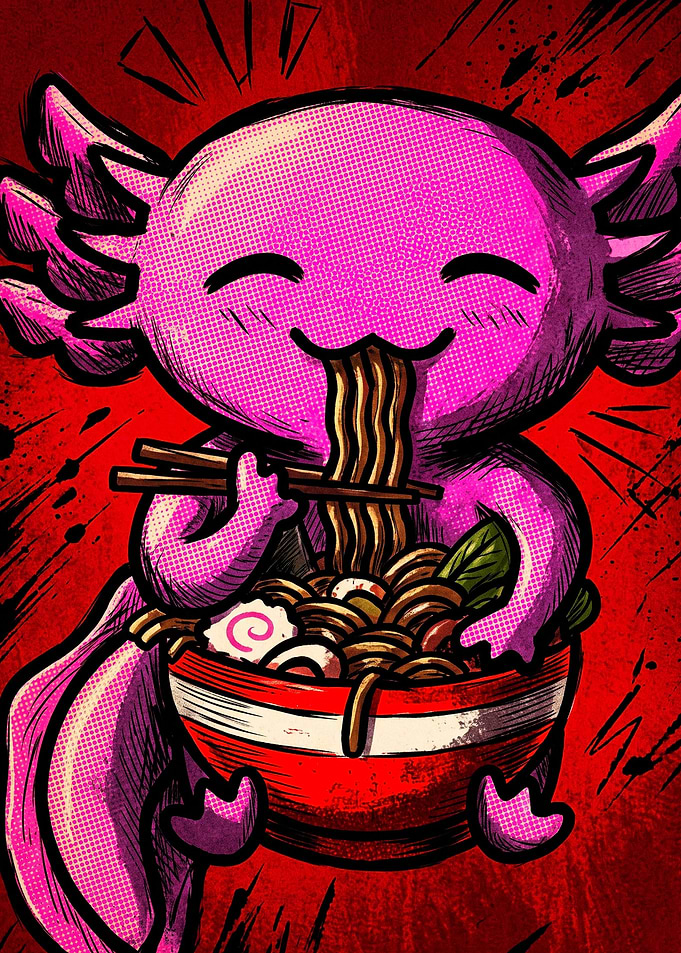Cute Axolotl Eating Ramen Noodles