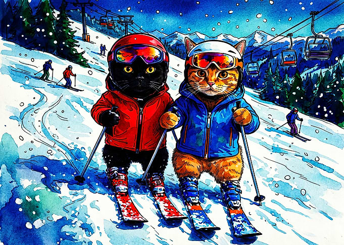 Two Cats Skiing in Winter