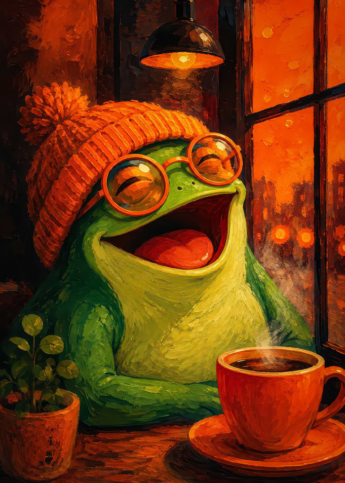 Happy Frog Enjoying Coffee