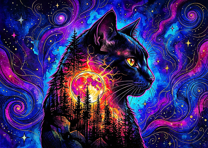 Cosmic Black Cat Forest Silhouette